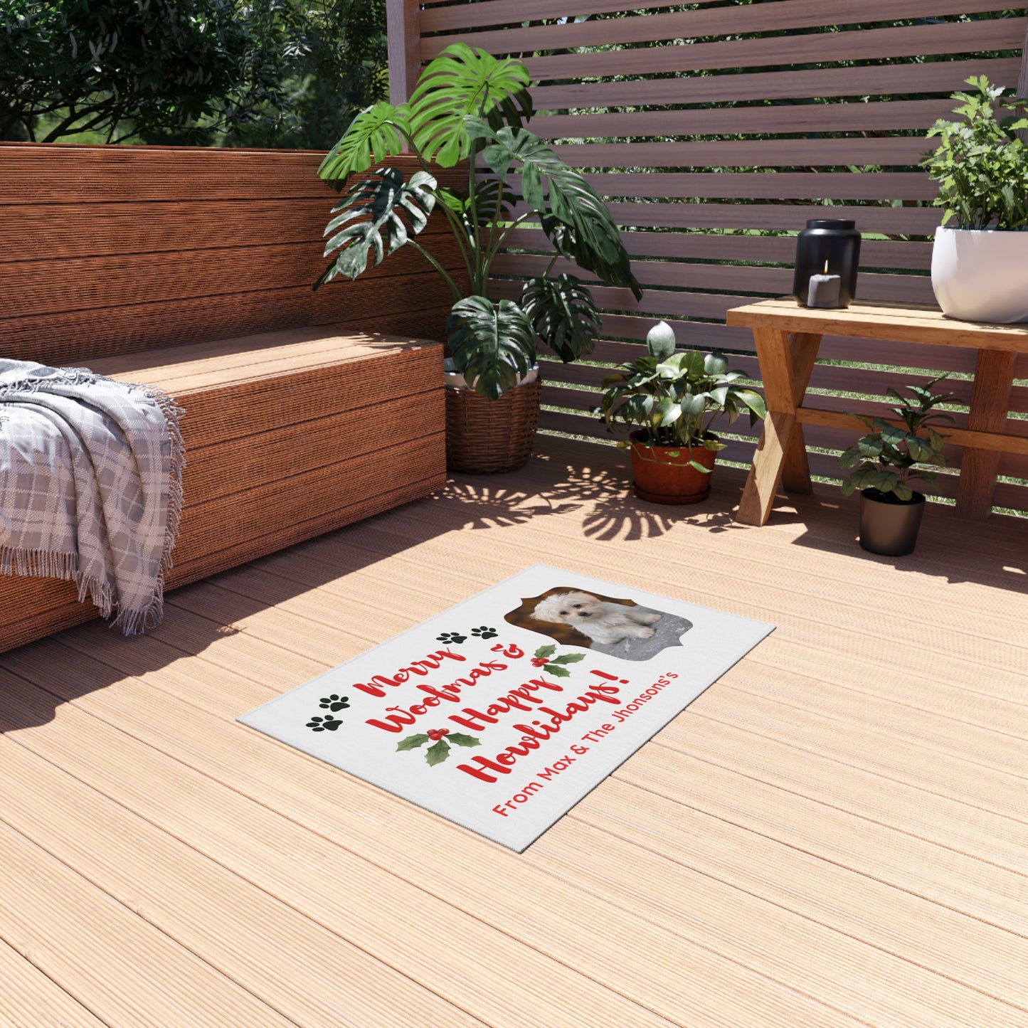 Personalized Outdoor Rug: Merry Woofmas & Happy Howlidays, Holiday Decor, Dog Lover's Gift, Home Accessories, Pet-Friendly Doormat